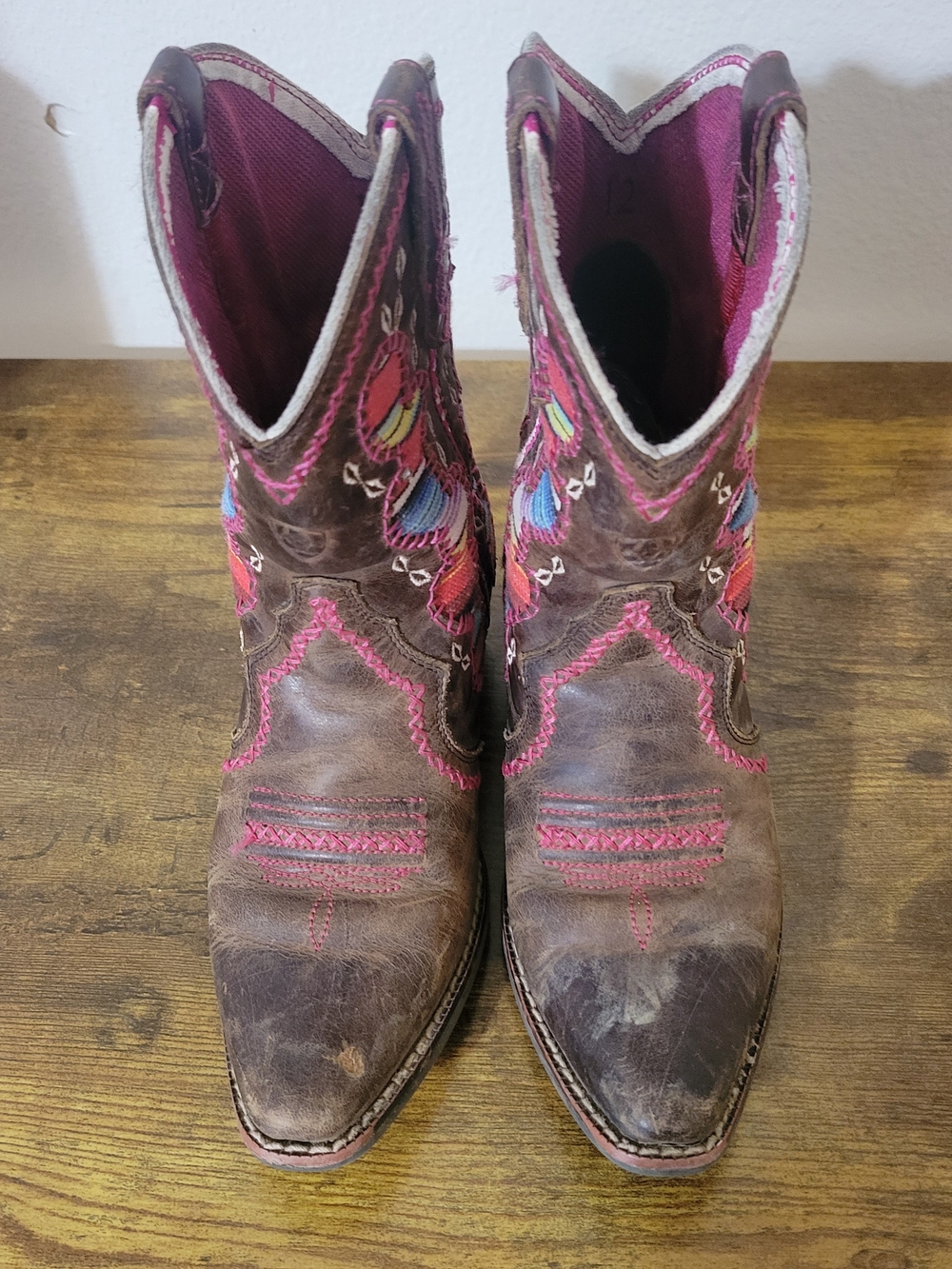 Girl Brown Leather Ankle Boots with Pink Embroidery